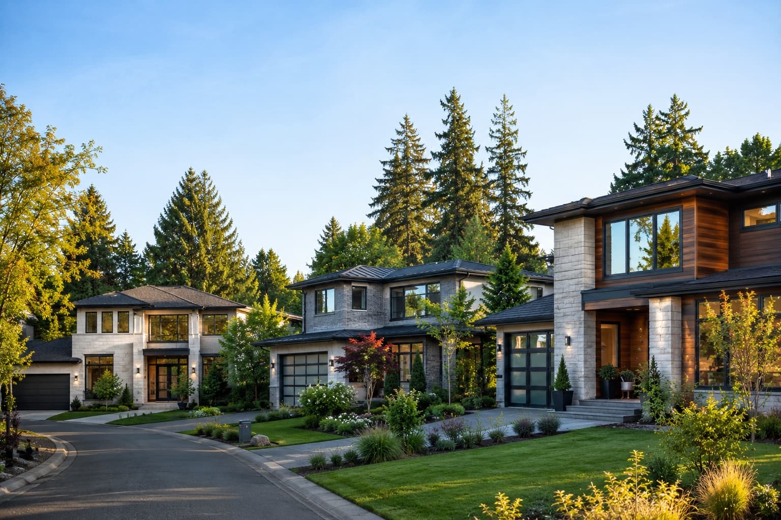 Modern luxury homes with landscaped yards on a quiet street in Kirkland's Totem Lake neighborhood