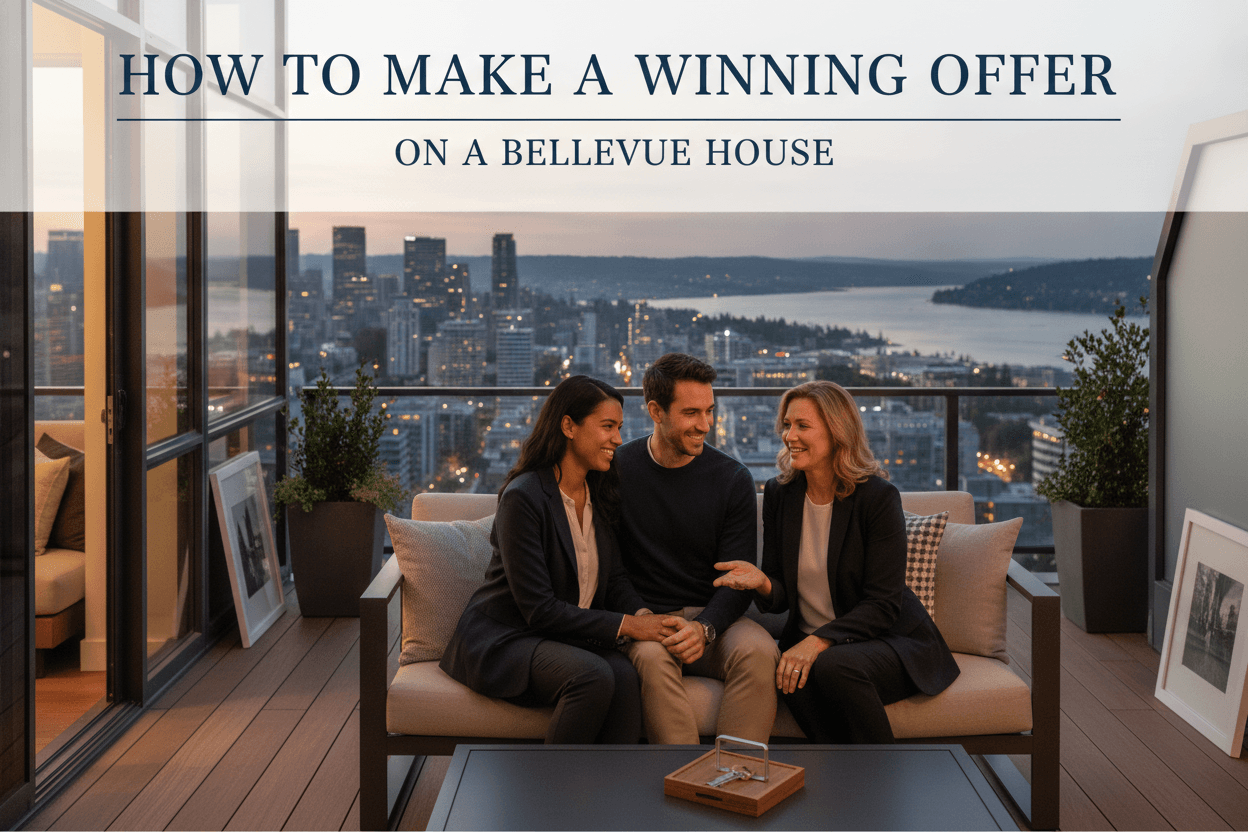 Buyer reviewing a purchase and sale agreement with an agent in a Bellevue home