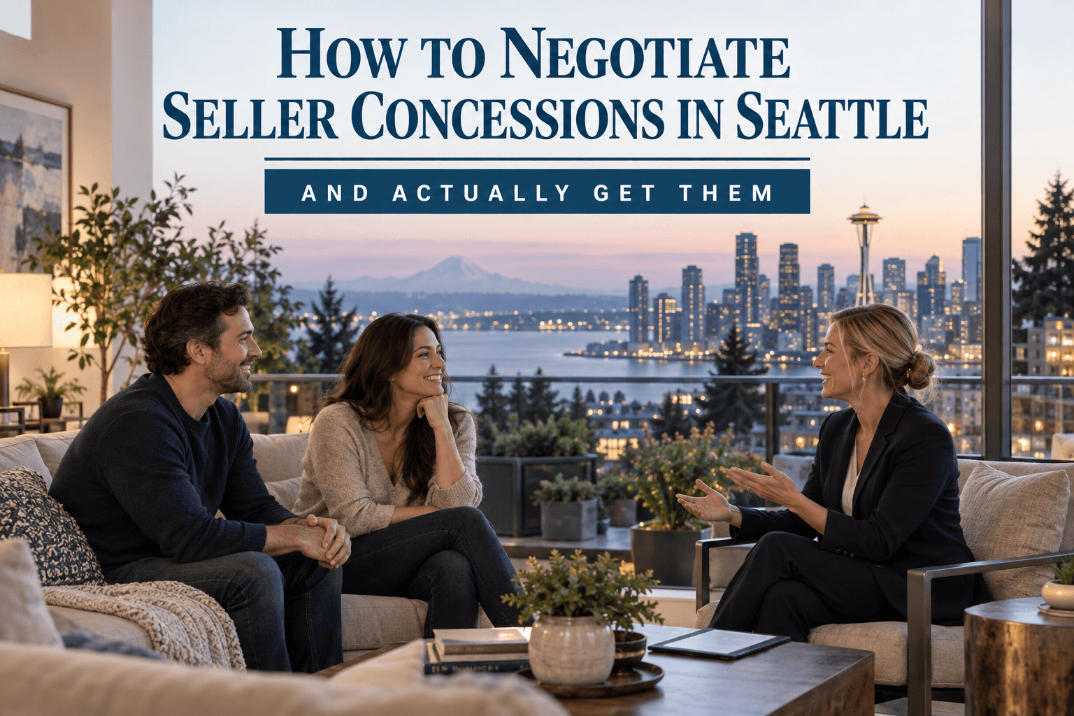 Buyer and agent reviewing a purchase offer together at a Seattle real estate closing meeting