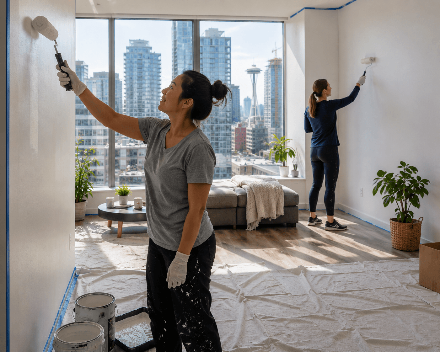 Two women repainting a Belltown condo before listing, with the Seattle skyline and Space Needle visible through floor-to-ceiling windows