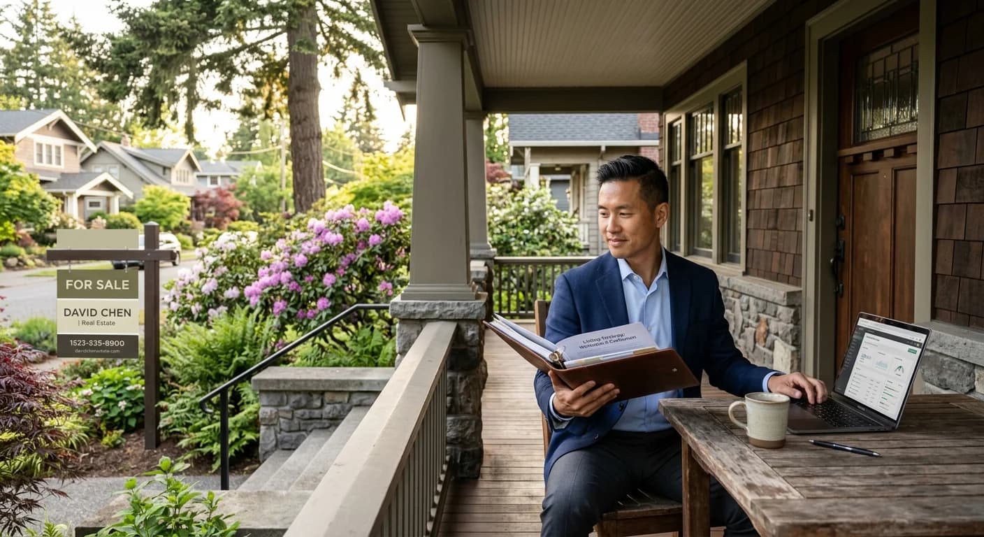 Seattle home seller reviewing listing strategy with broker, Wallingford Craftsman in background