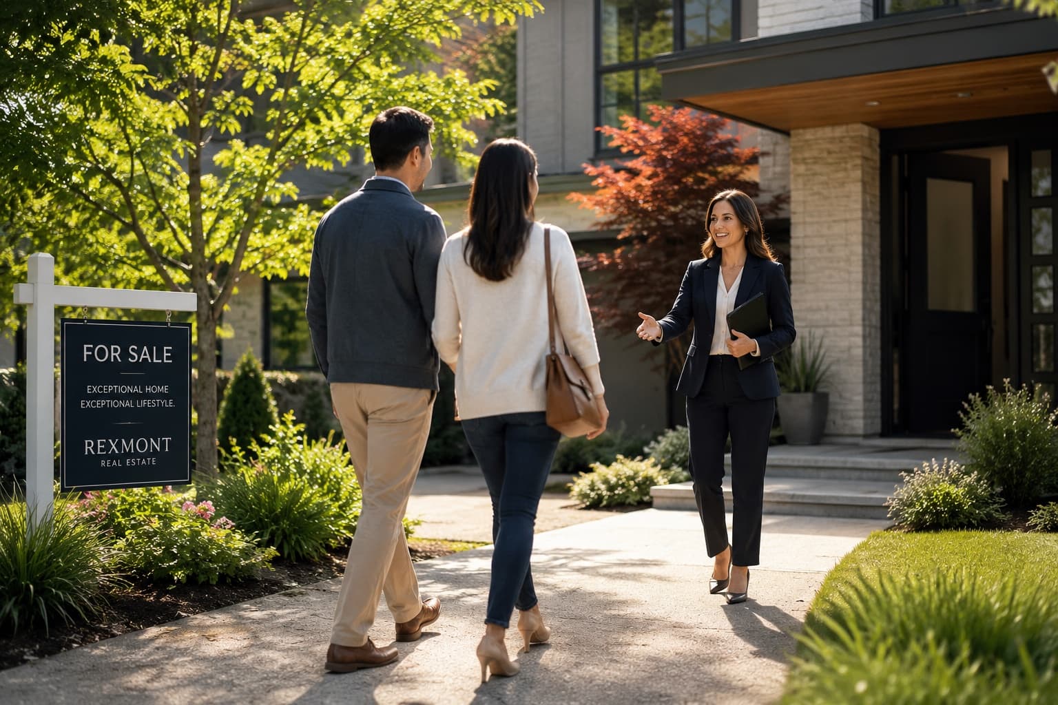 RexMont listing agent welcoming a couple to a Bellevue home for sale with a RexMont yard sign out front