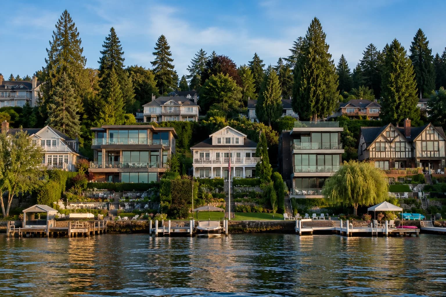 Mercer Island waterfront neighborhood with luxury lakefront homes docks and Seattle skyline across Lake Washington