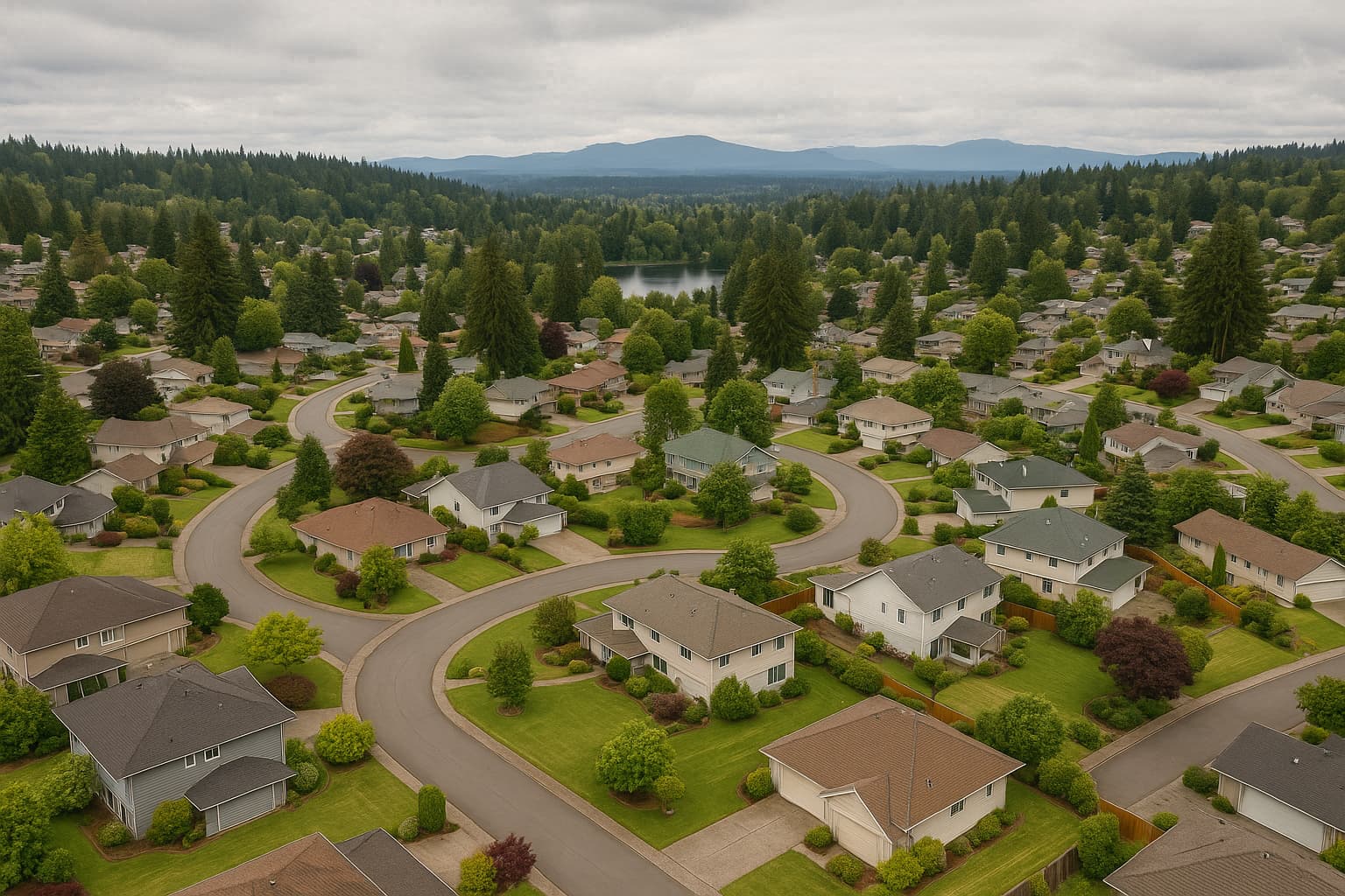 Fairwood neighborhood in Renton Washington with tree-lined streets established homes and golf course
