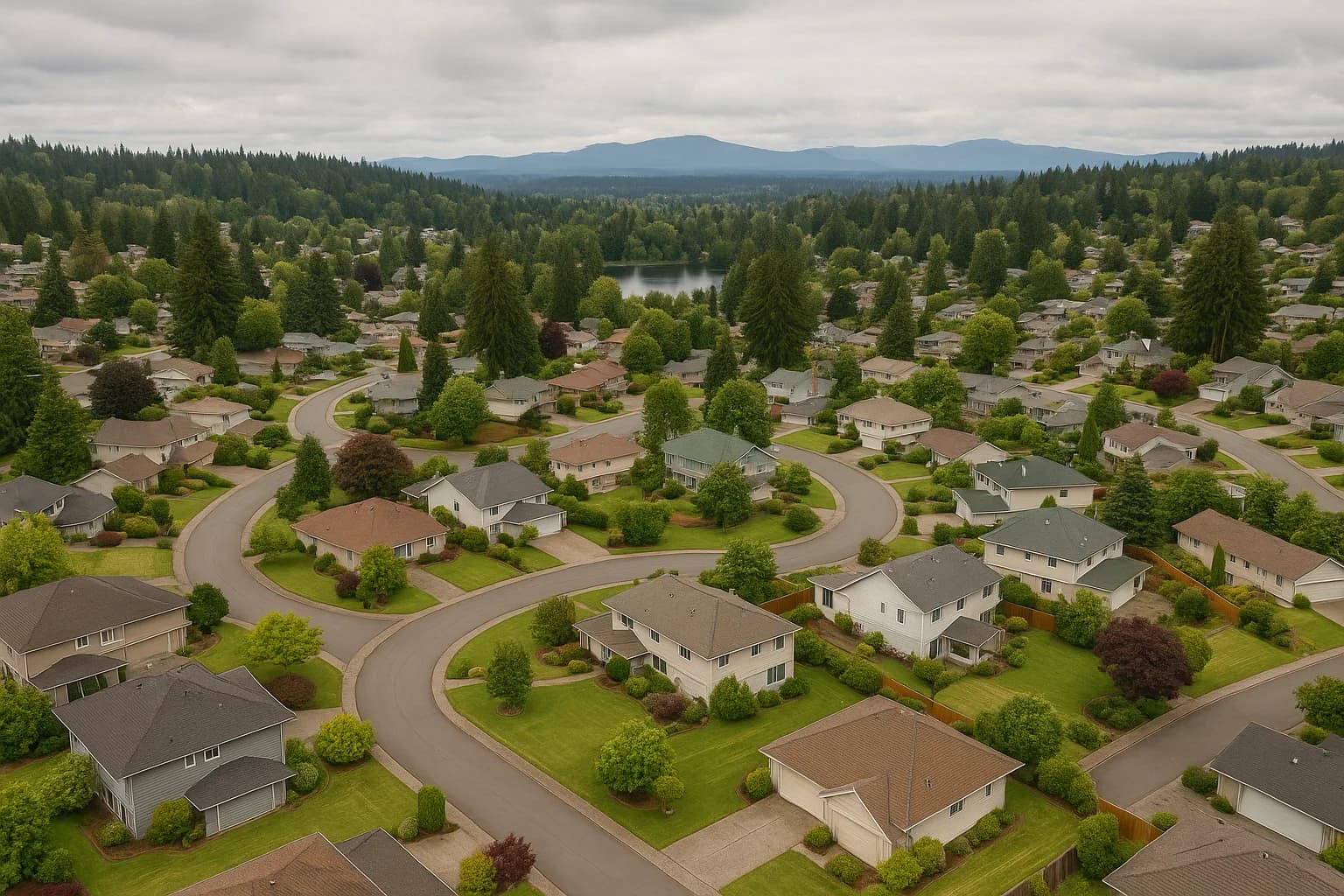 Fairwood neighborhood in Renton Washington with tree-lined streets established homes and golf course
