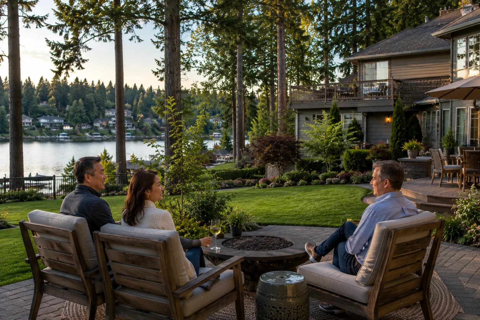 Bear Lake neighborhood in Sammamish Washington with lakefront homes and evergreen trees