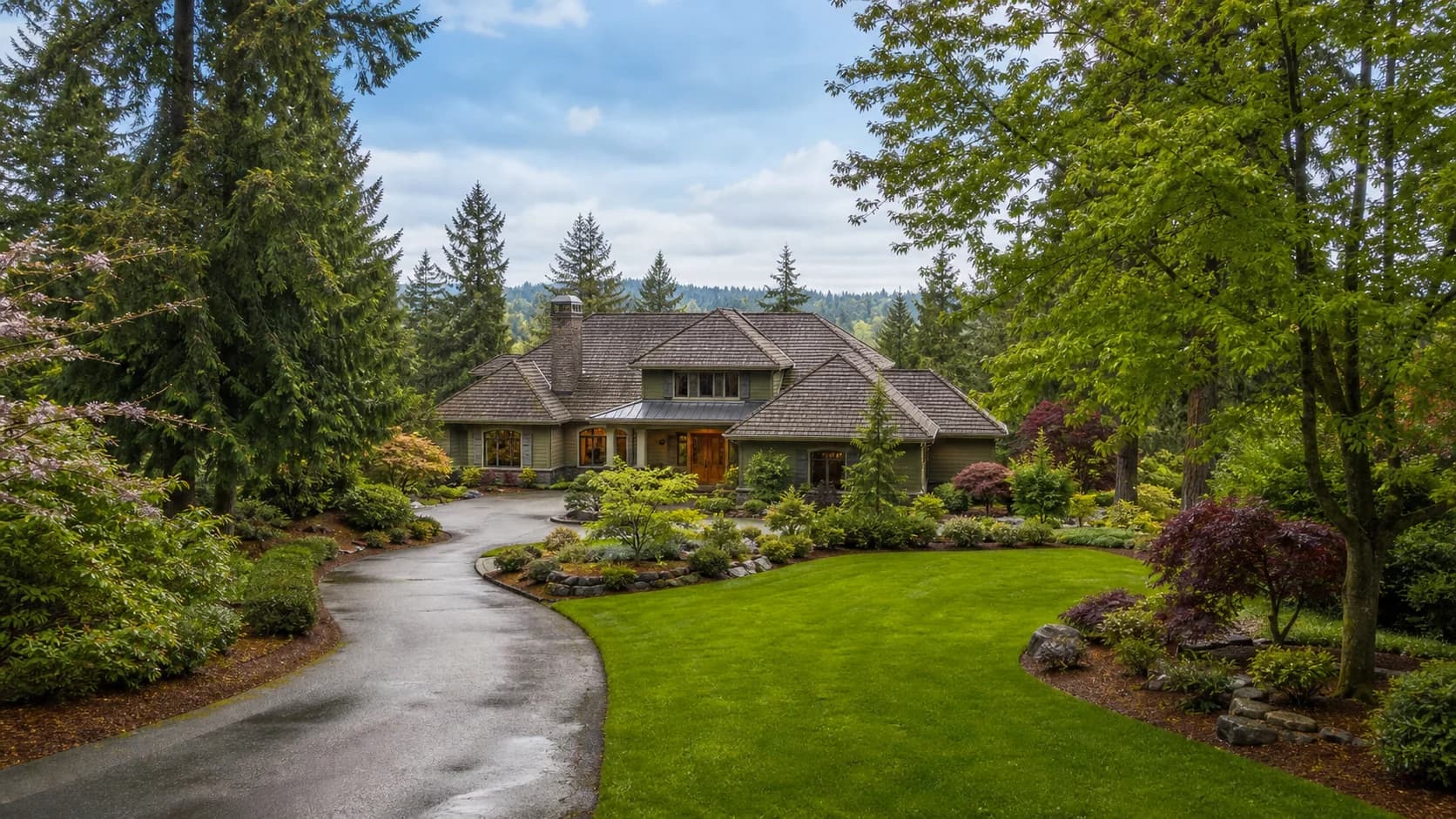 Lush green Woodinville acreage estate with mature trees and private driveway