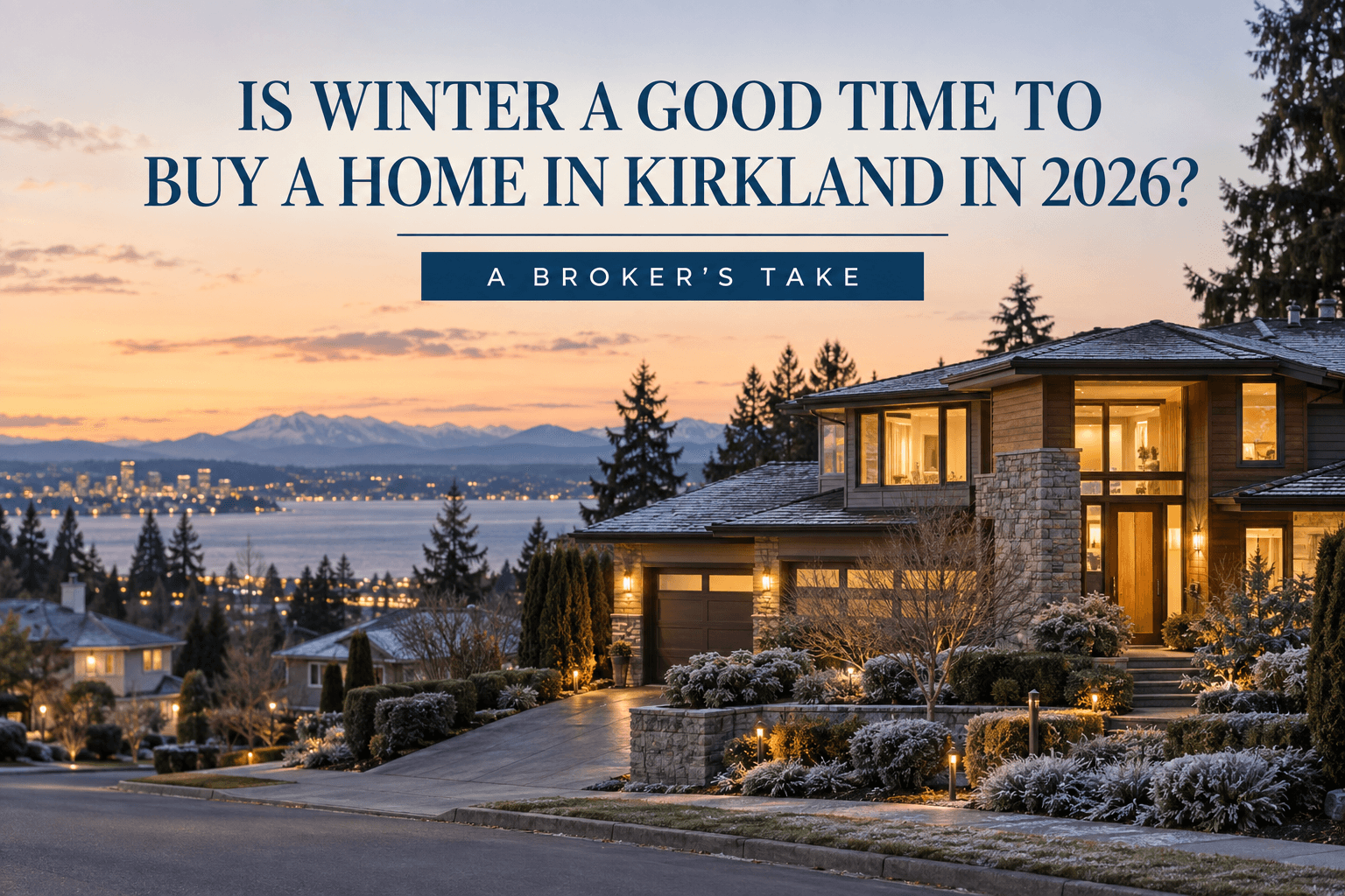 Snow-dusted street in Kirkland Washington with for-sale home in winter