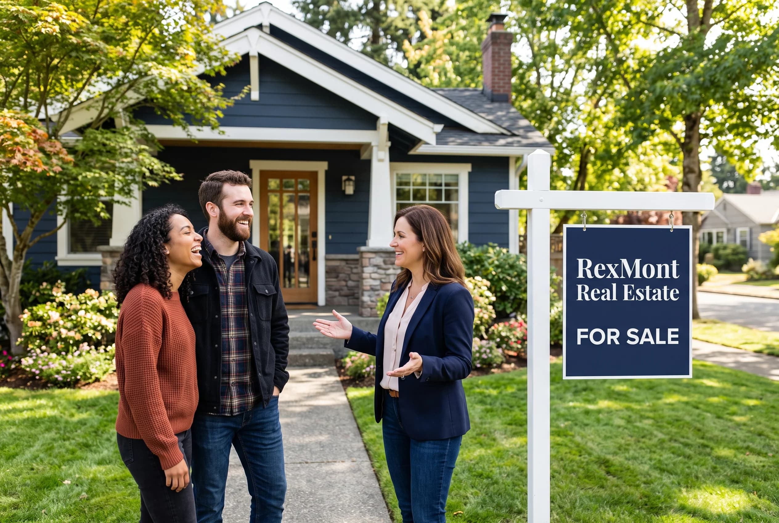 A happy couple standing in front of their new modern home in Kirkland, Washington.