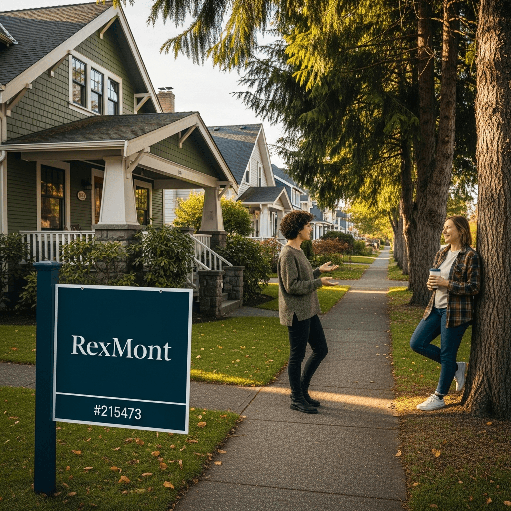 Tree-lined residential street in Juanita neighborhood Kirkland Washington with Lake Washington visible in the background