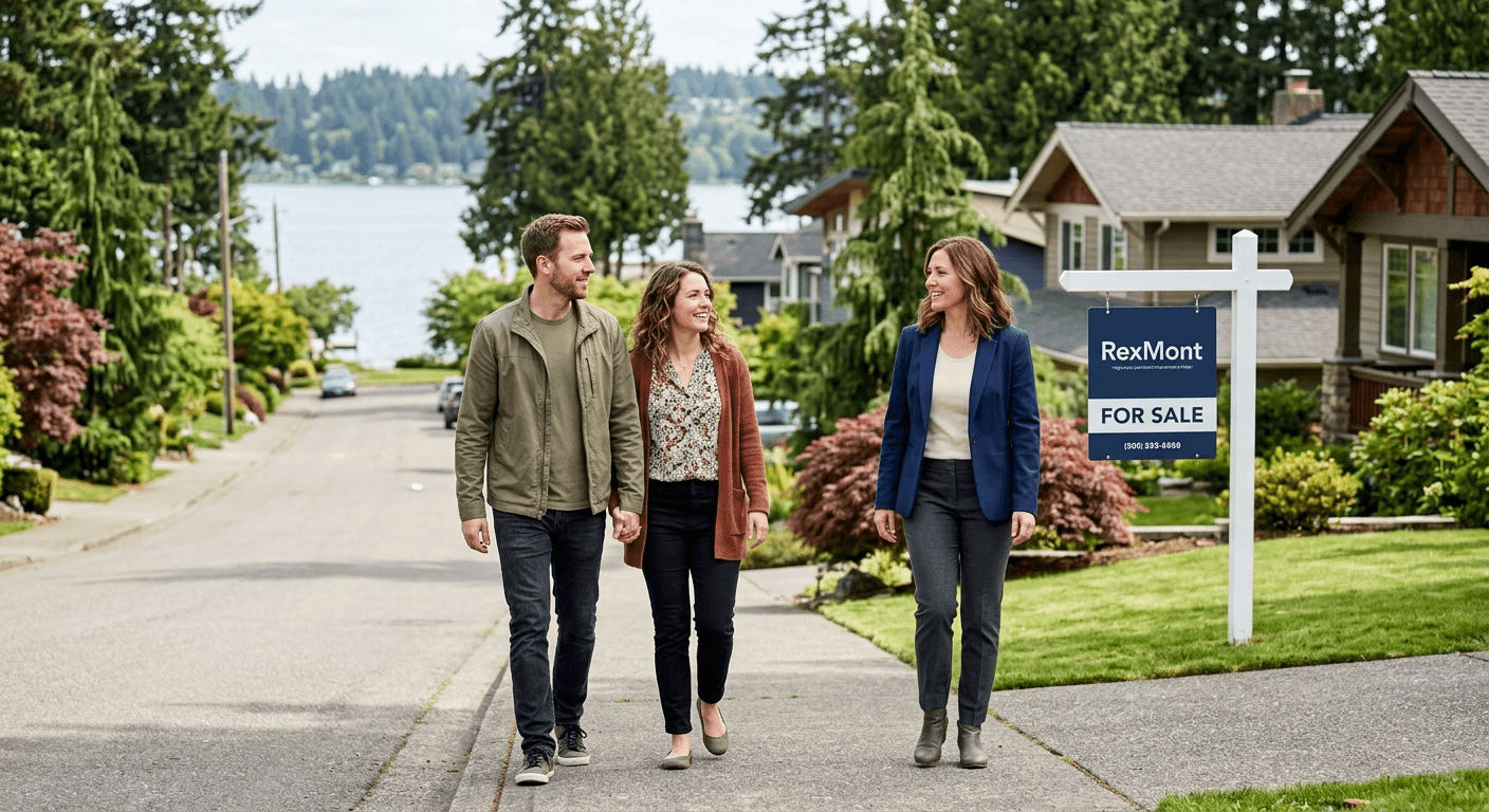 Tree-lined residential street in Juanita neighborhood Kirkland Washington with Lake Washington visible in the background
