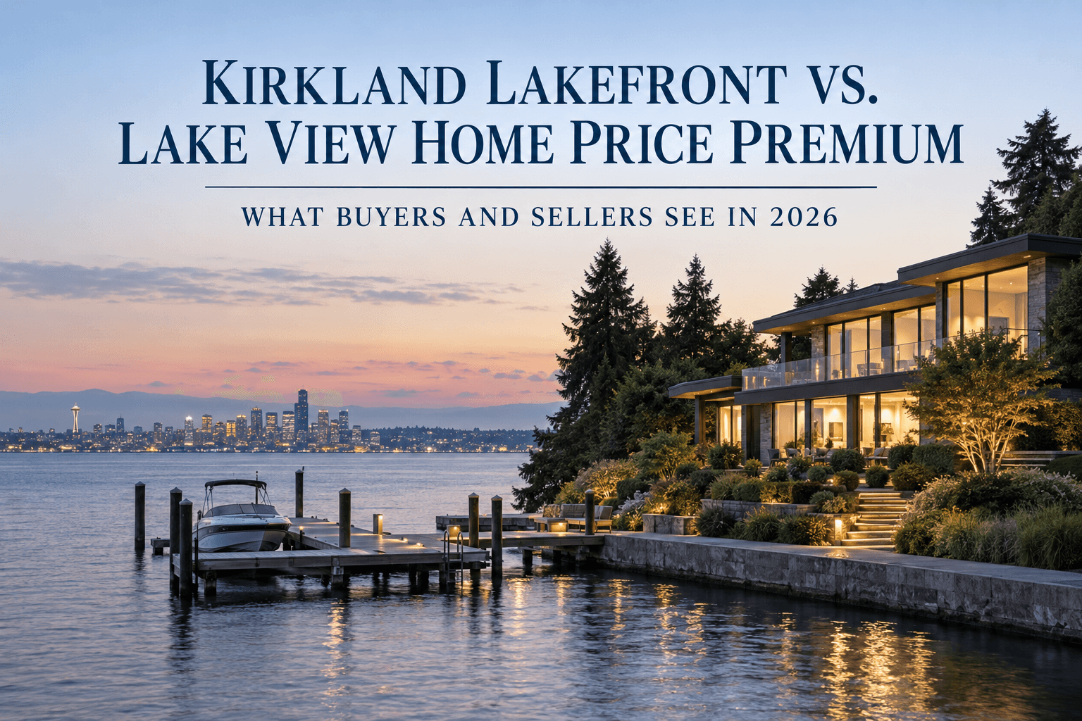 Lakefront homes with private docks on Lake Washington in Kirkland, with lake view homes rising on the hillside behind
