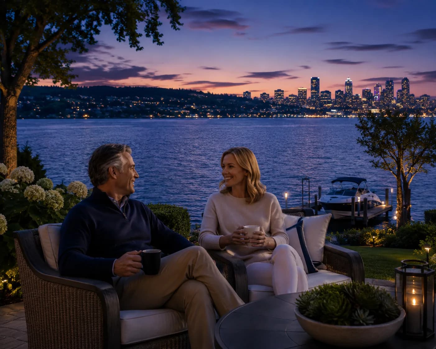 Couple enjoying evening coffee on a Kirkland waterfront patio overlooking Lake Washington and the Seattle skyline