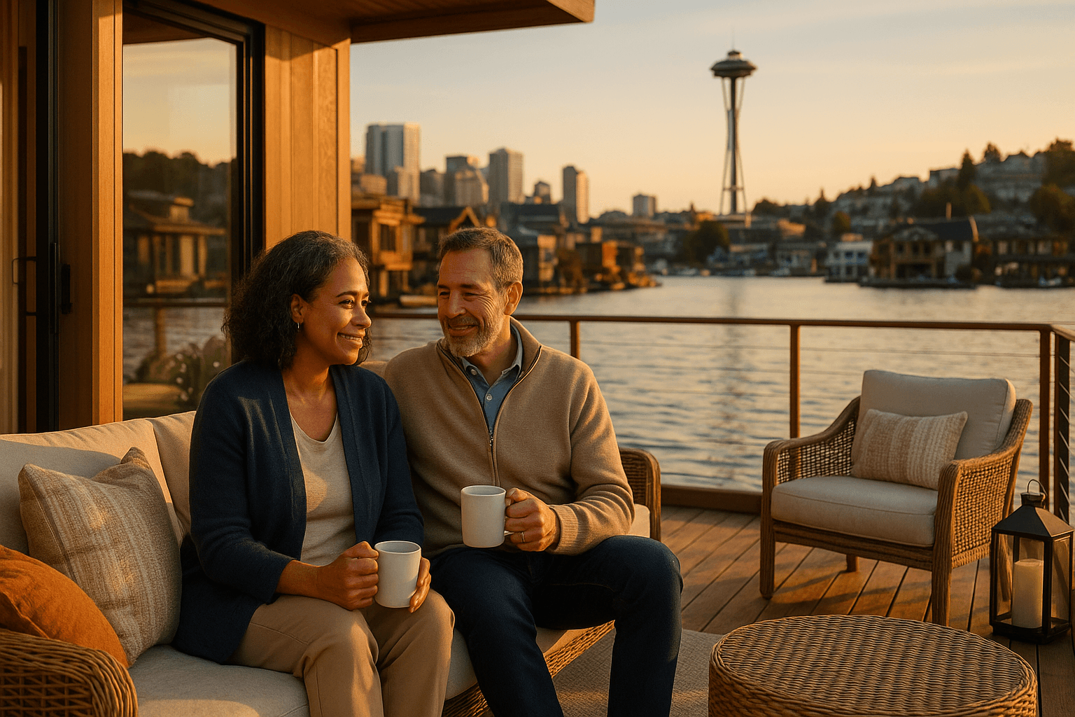 Floating homes on Lake Union with Seattle skyline in the background on a clear day