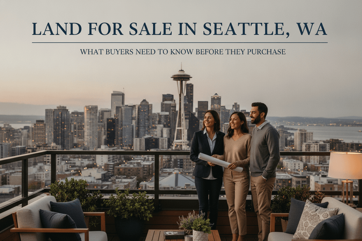 Vacant land parcel for sale in Seattle, WA with city skyline in the background