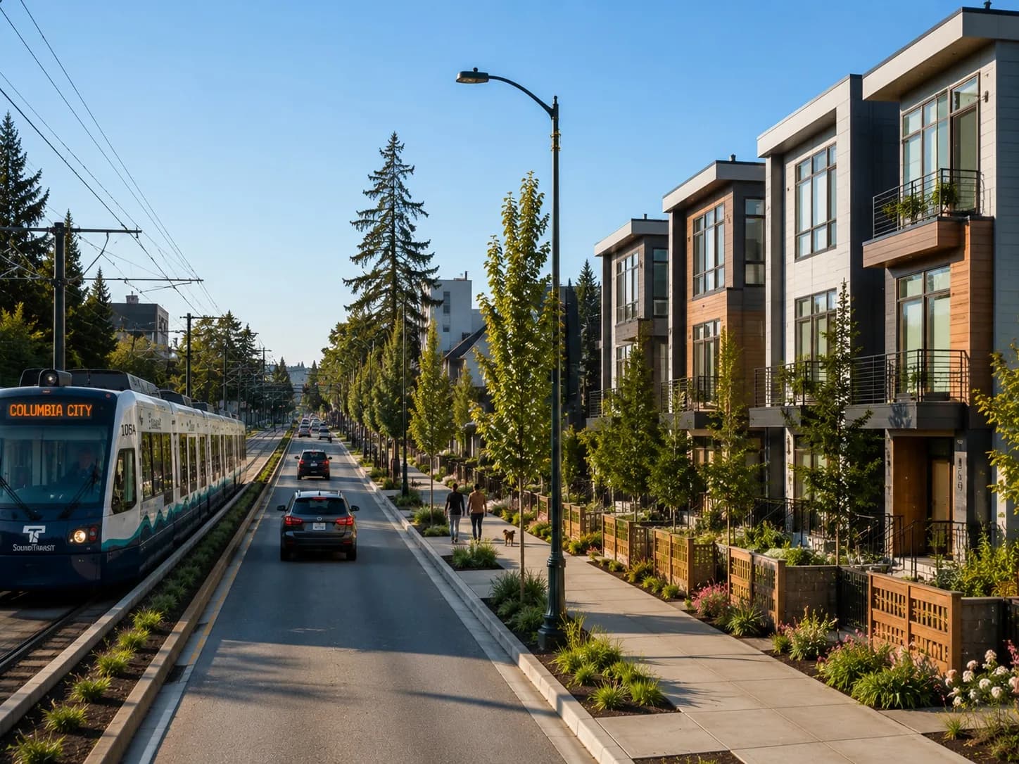 A Sound Transit light rail train at Columbia City beside modern townhomes on a tree-lined Seattle street