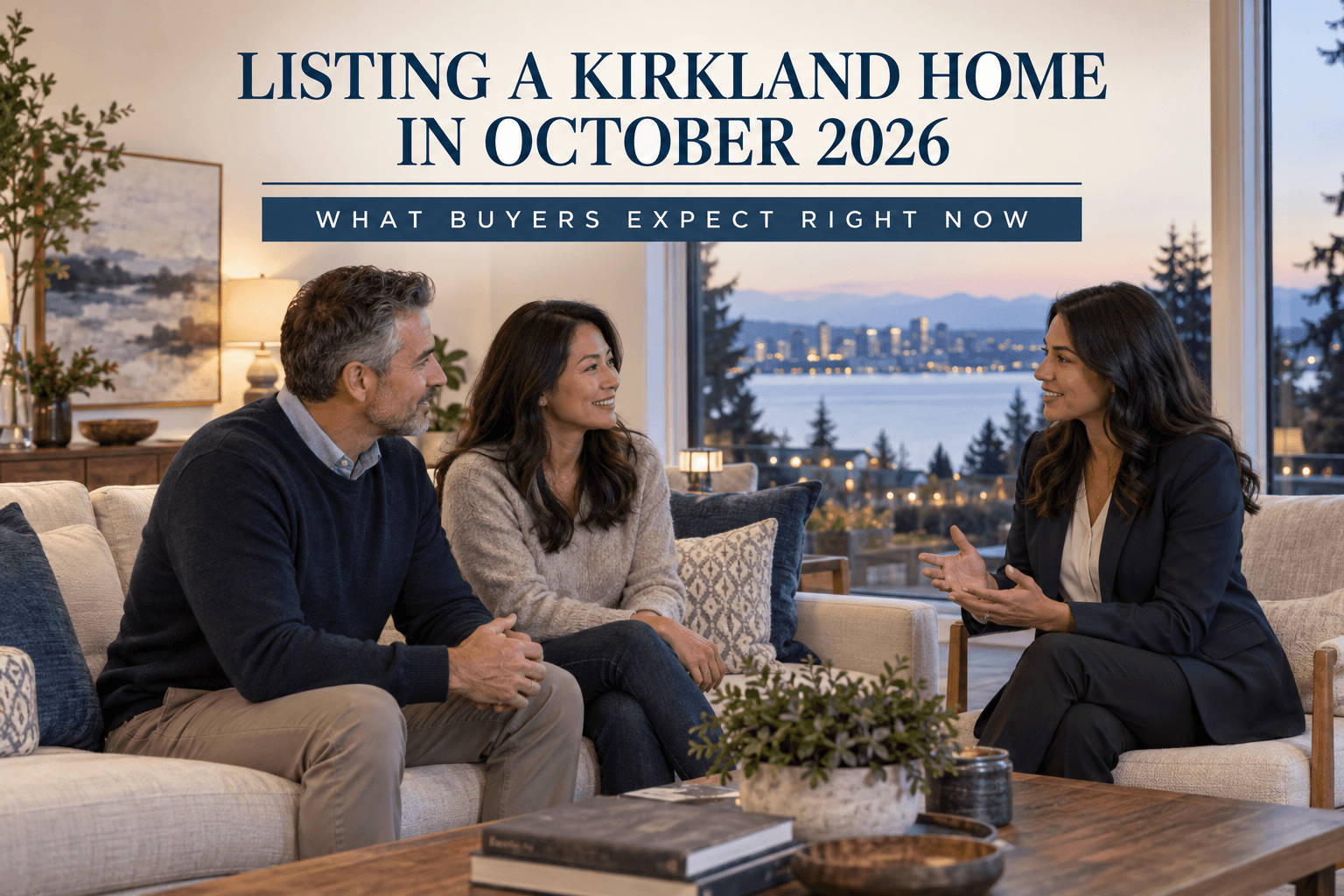 Kirkland home exterior with warm lighting on an autumn evening, ready for October buyers