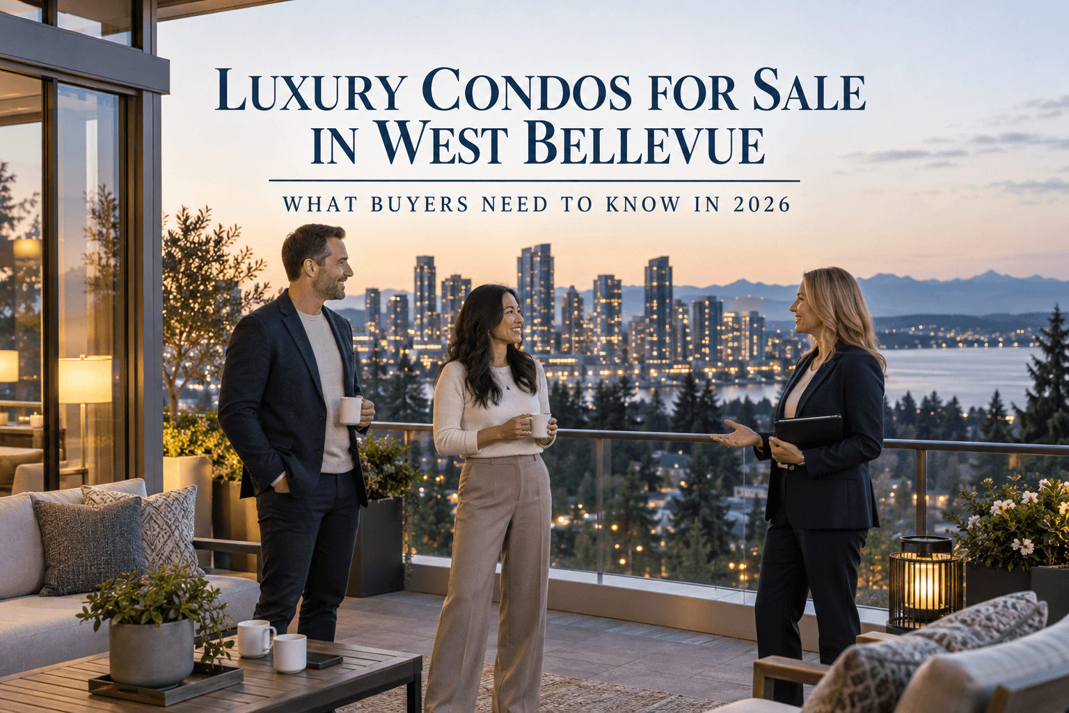 Luxury high-rise condo building in West Bellevue with views of the Bellevue skyline and Cascade Mountains
