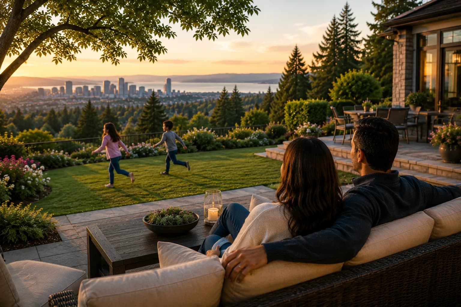 Family on the terrace of a Bellevue luxury home at golden hour with children playing on the lawn and downtown Bellevue skyline in view