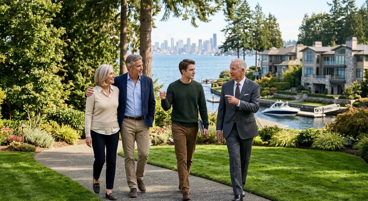 A stunning waterfront luxury home in Medina, Washington with a view of the Seattle skyline across Lake Washington.