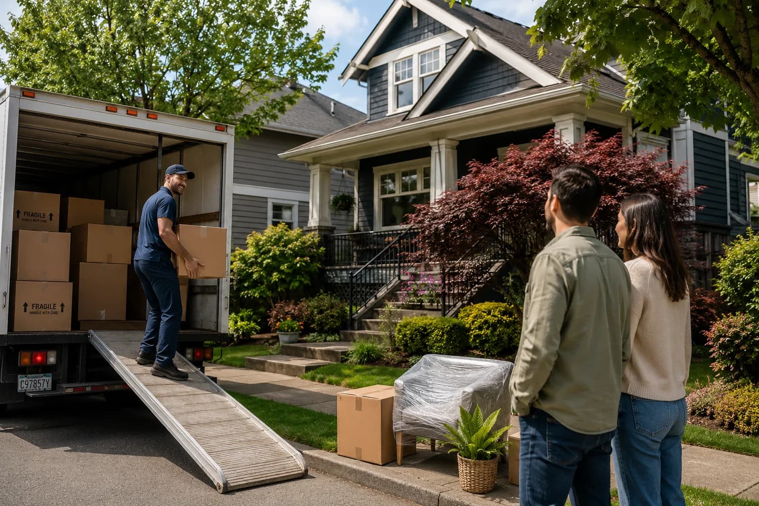 Mover unloading boxes from a moving truck outside a Seattle craftsman home as a relocating couple looks on