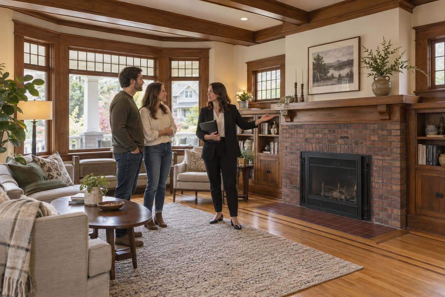 Buyers discussing inspection repairs with a RexMont agent in the living room of a West Seattle Craftsman home