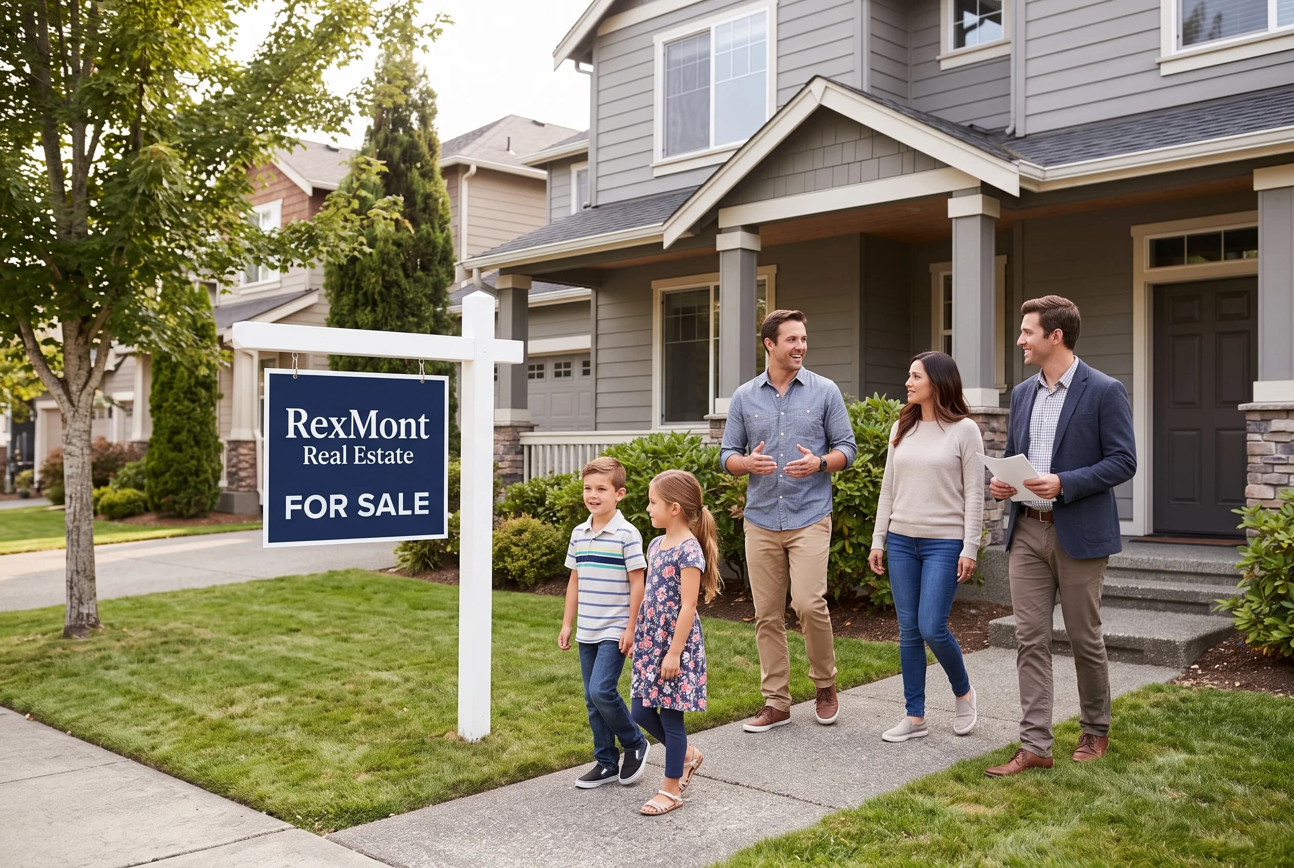A modern single-family home on a tree-lined street in Redmond, WA, representative of homes for sale in the Lake Washington School District.