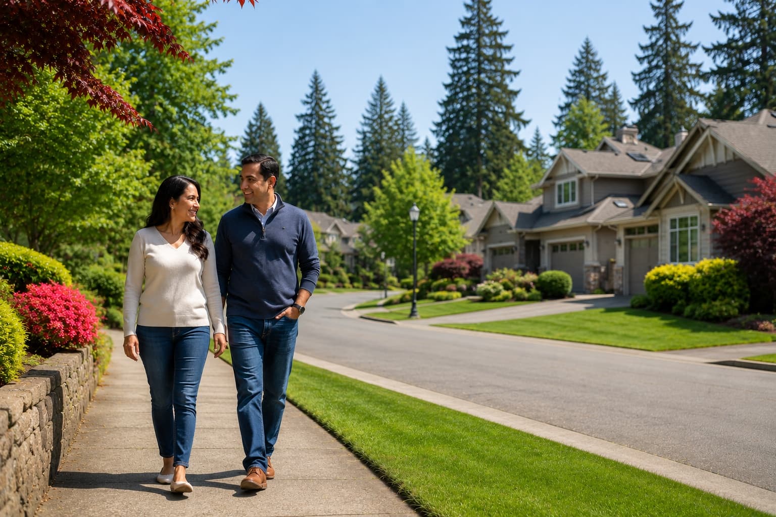 Couple walking along a tree-lined sidewalk past craftsman homes in a Redmond Ridge neighborhood