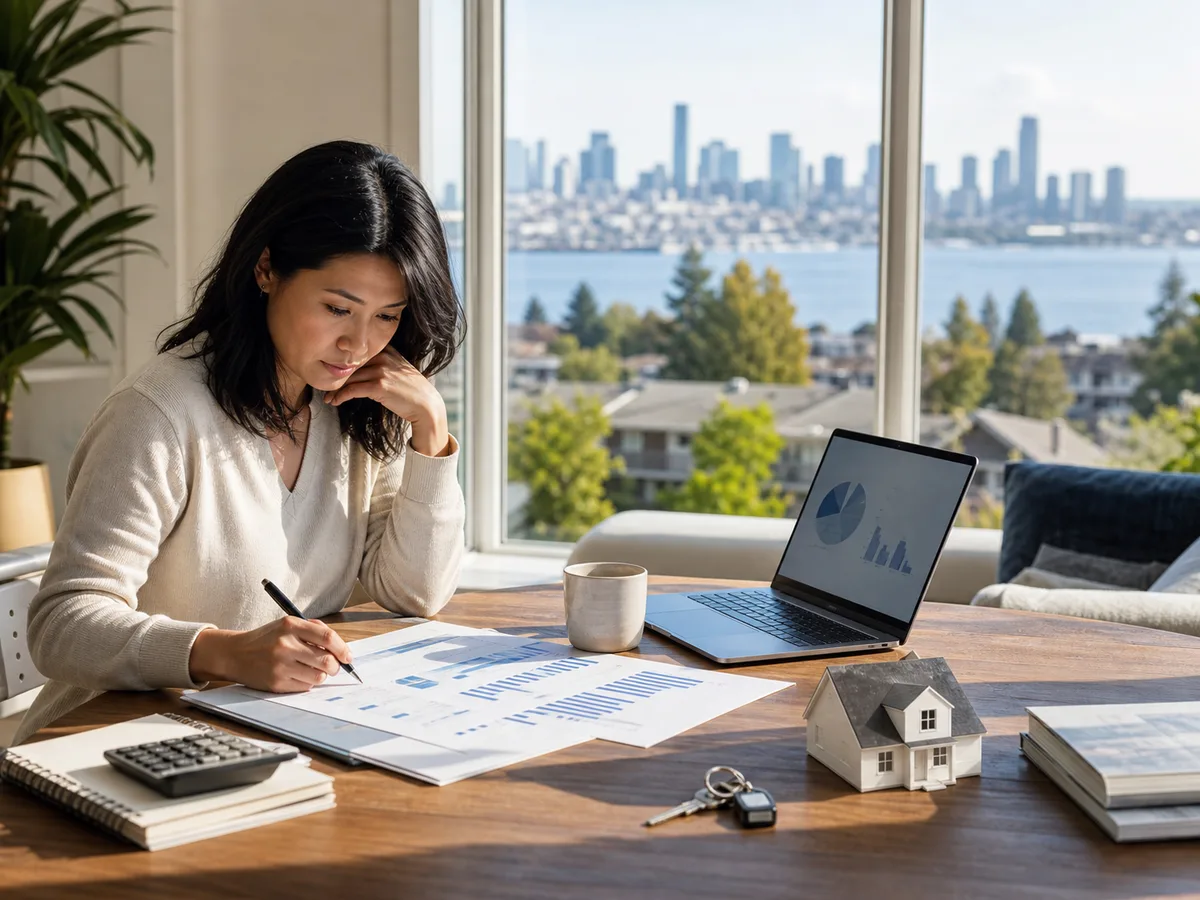 Seattle and Bellevue home buyer reviewing mortgage rate scenarios with Lake Washington and skyline views