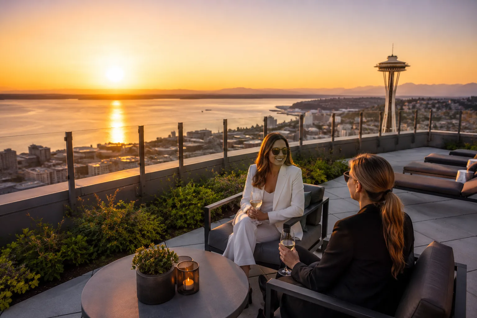 Two women toasting wine on a Seattle rooftop terrace at sunset with the Space Needle and Elliott Bay in view