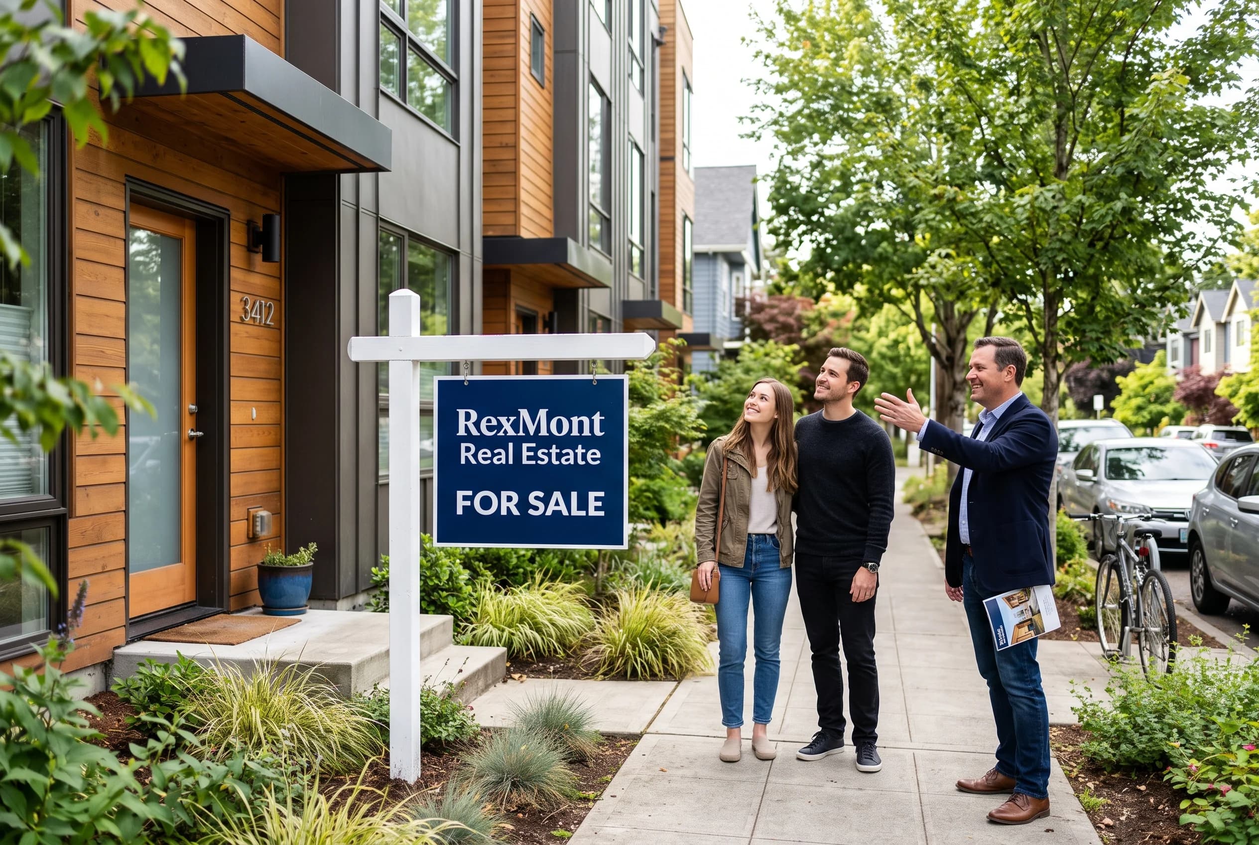 A modern Seattle townhome next to a sleek condo building, illustrating the choice for buyers.
