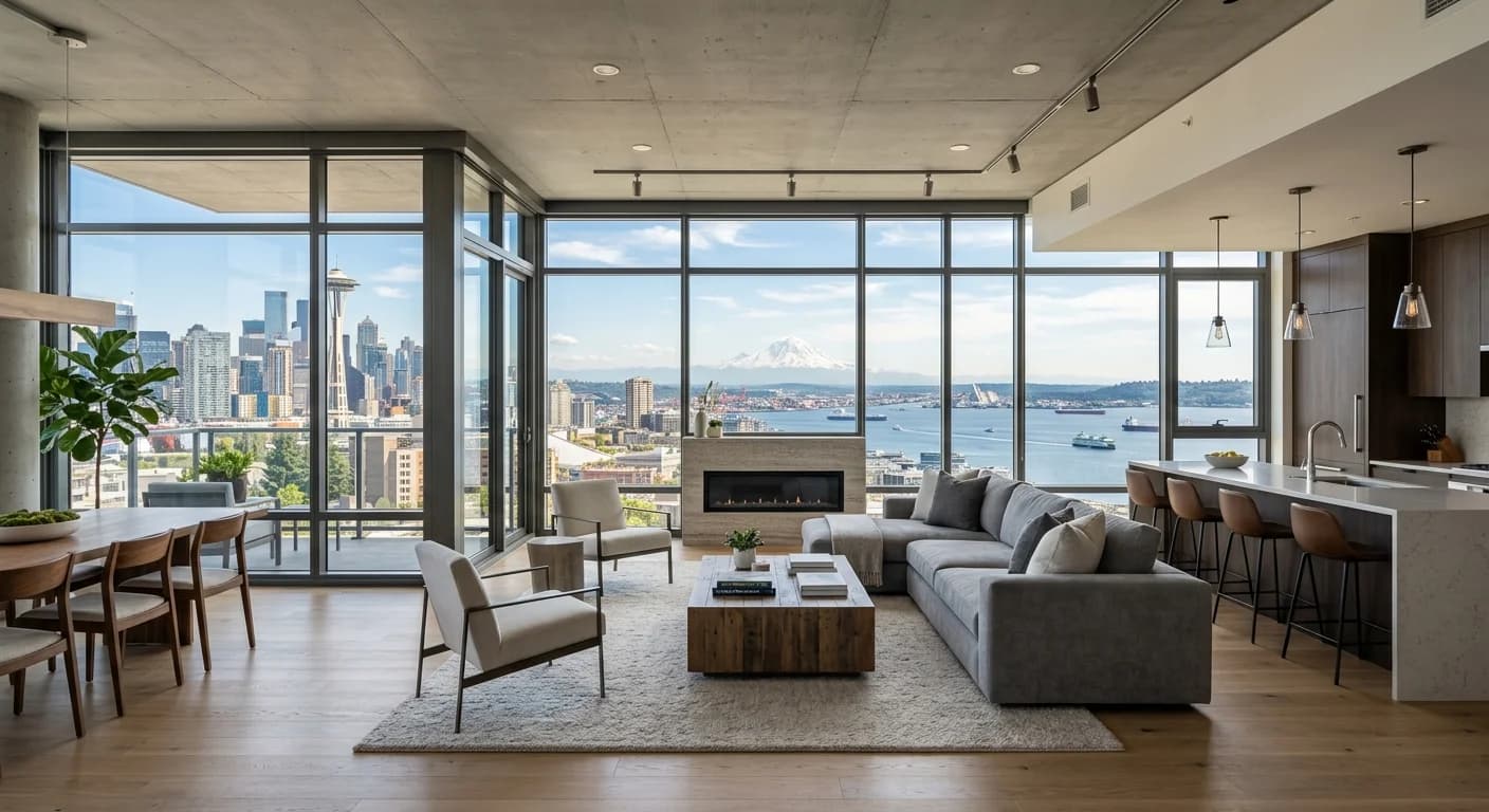 A modern high-rise condo building in downtown Seattle with views of the city skyline, illustrating the Seattle condos for sale market.