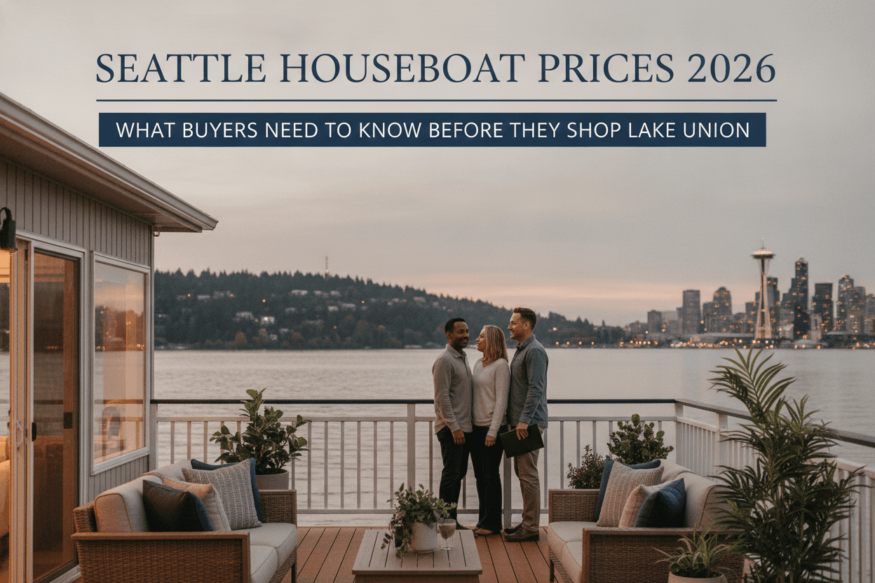 Floating homes on Lake Union in Seattle with the Space Needle visible in the background on a clear day