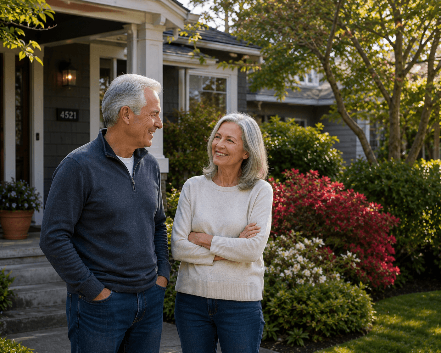 Smiling older couple standing in front of their Seattle-area home surrounded by summer landscaping