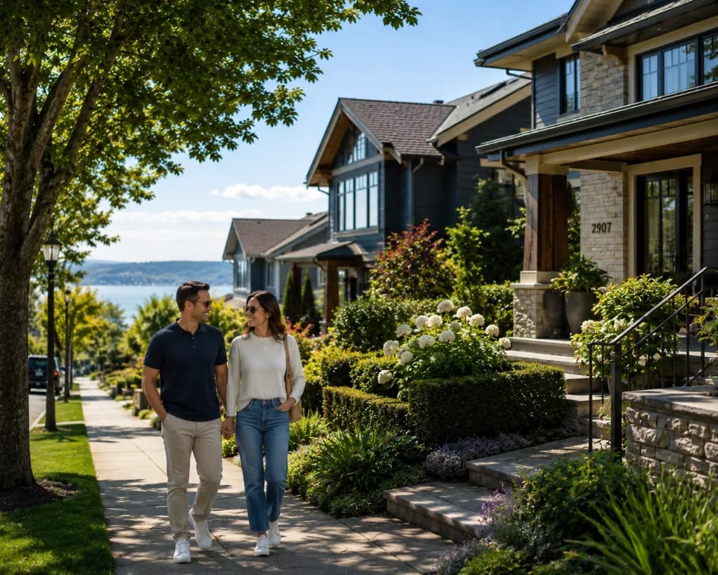 A couple walking a tree-lined Magnolia street past luxury craftsman homes with Puget Sound views in Seattle
