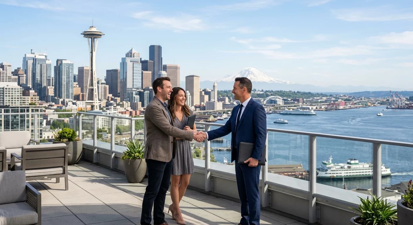 A professional Seattle real estate agent from RexMont Real Estate presenting a market analysis to clients.