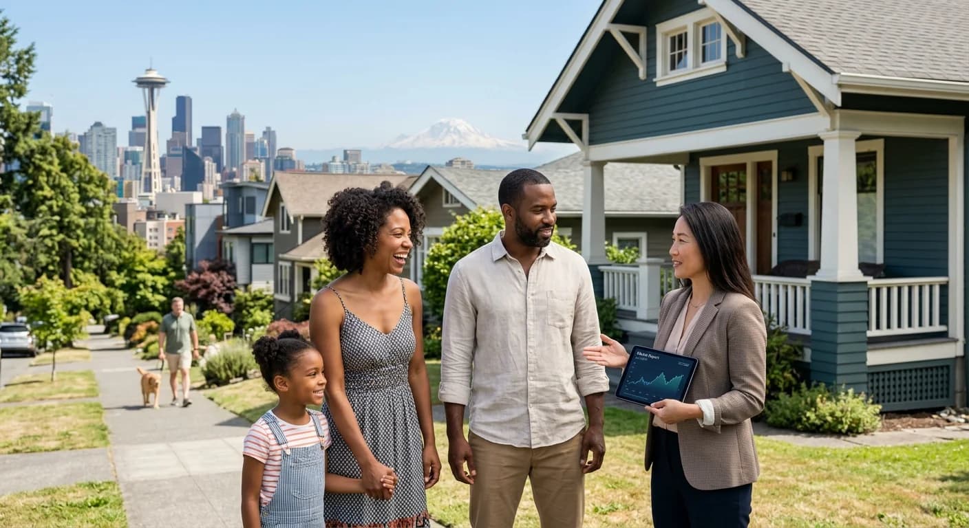 A modern home in a Seattle neighborhood with the city skyline in the background, representing the Seattle real estate market.