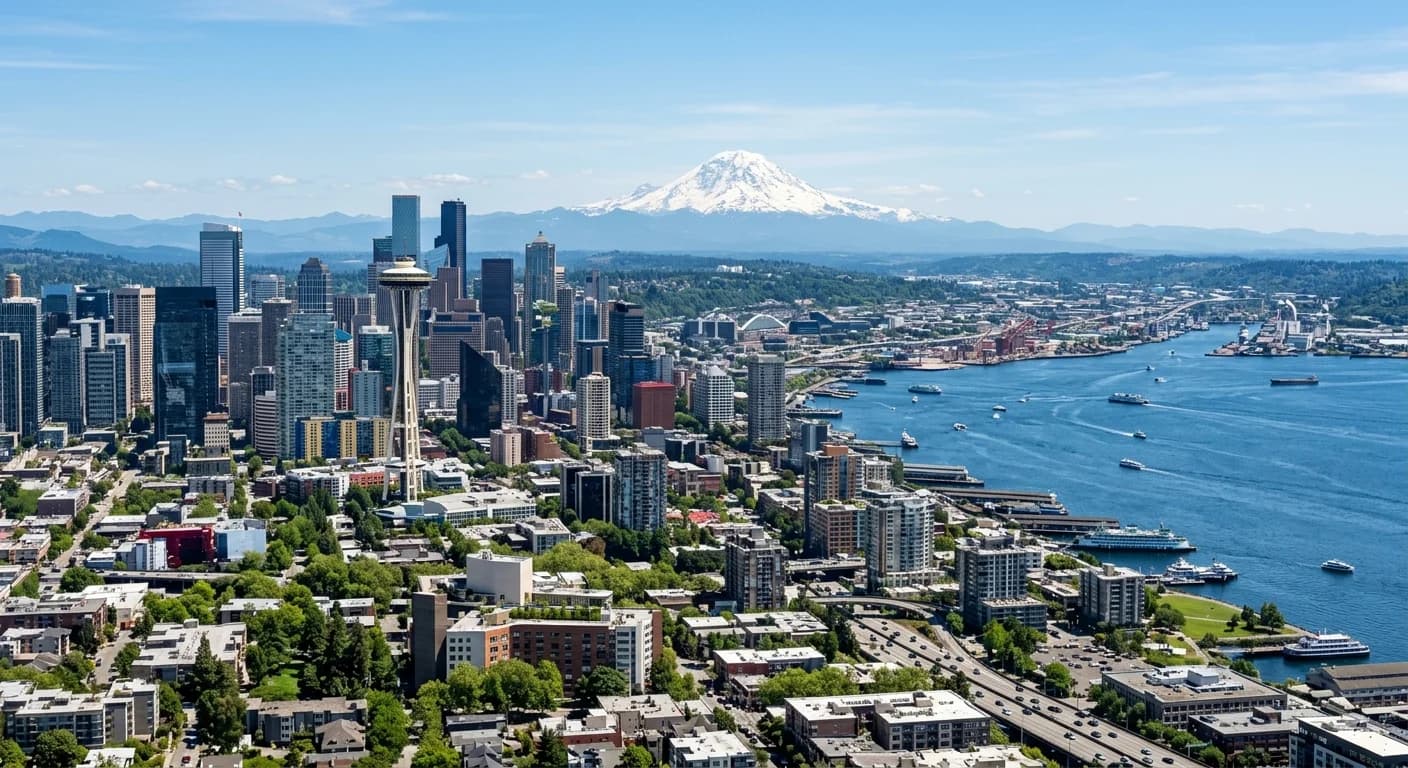 A panoramic view of the Seattle skyline and Puget Sound, representing the Seattle real estate market in 2026.