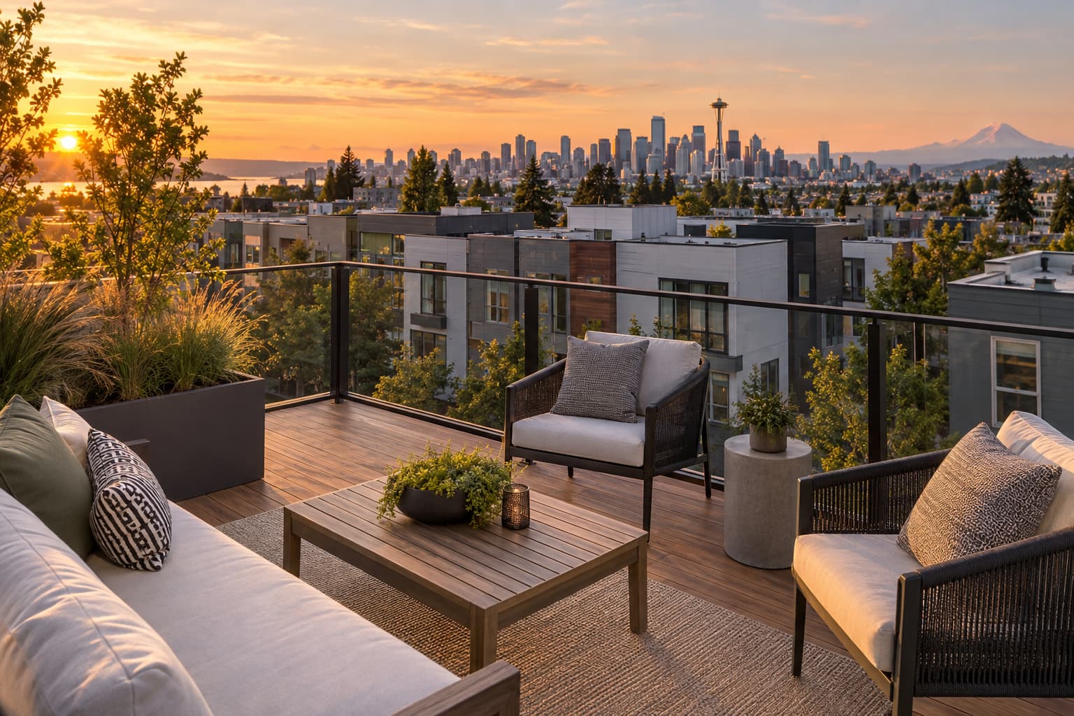 Rooftop deck of a modern Seattle townhome at golden hour with neighboring townhomes and the downtown skyline