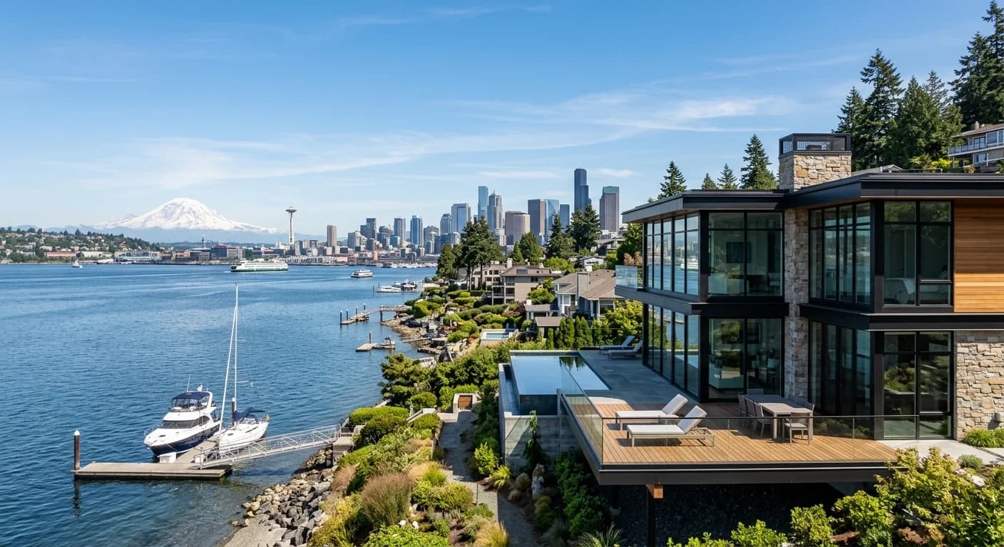 A luxury waterfront home on Lake Washington in Seattle with a private dock and stunning views of the water.