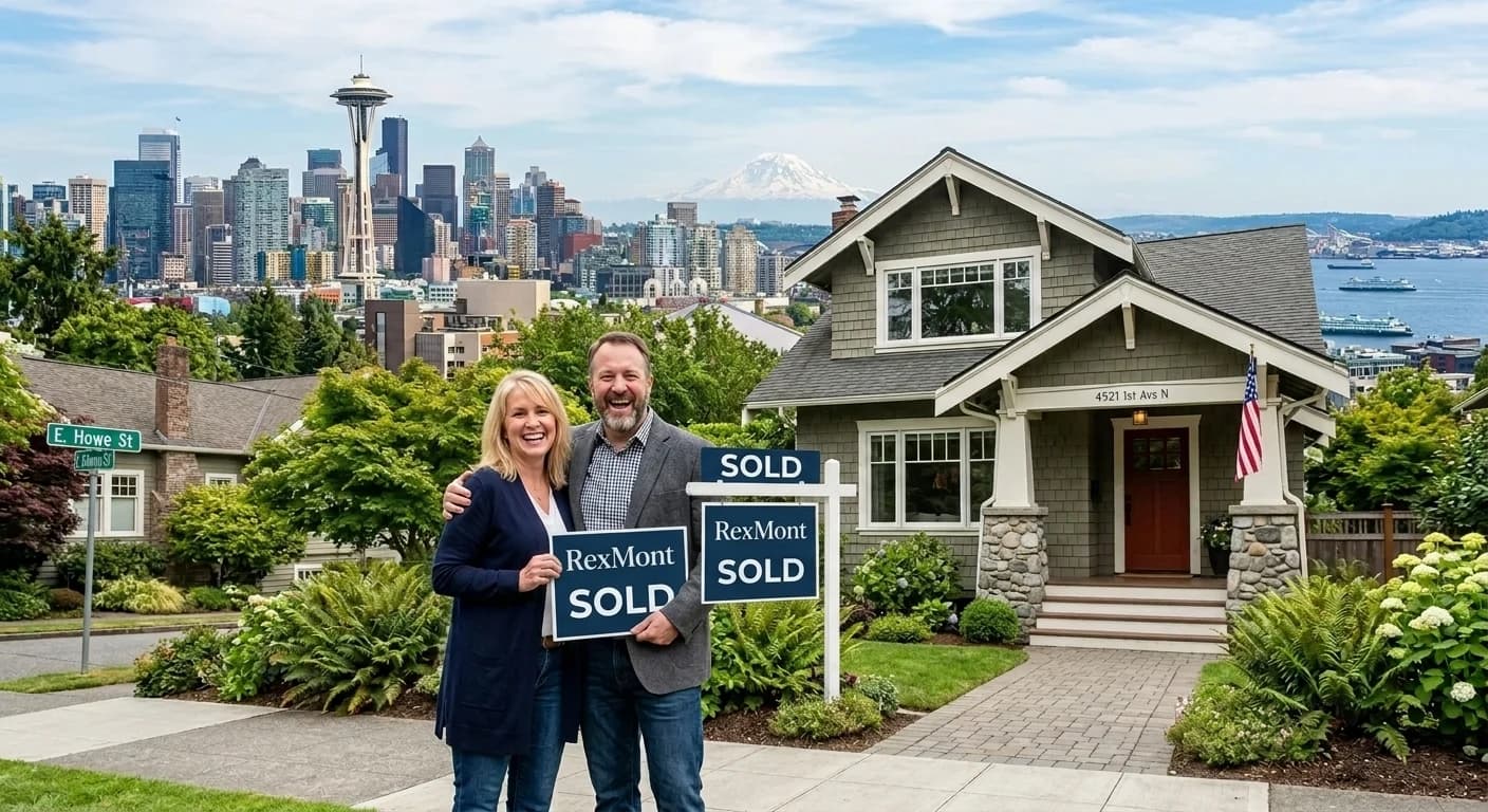 Happy sellers holding a RexMont 'Sold' sign in front of a Seattle home with the Space Needle skyline behind them.
