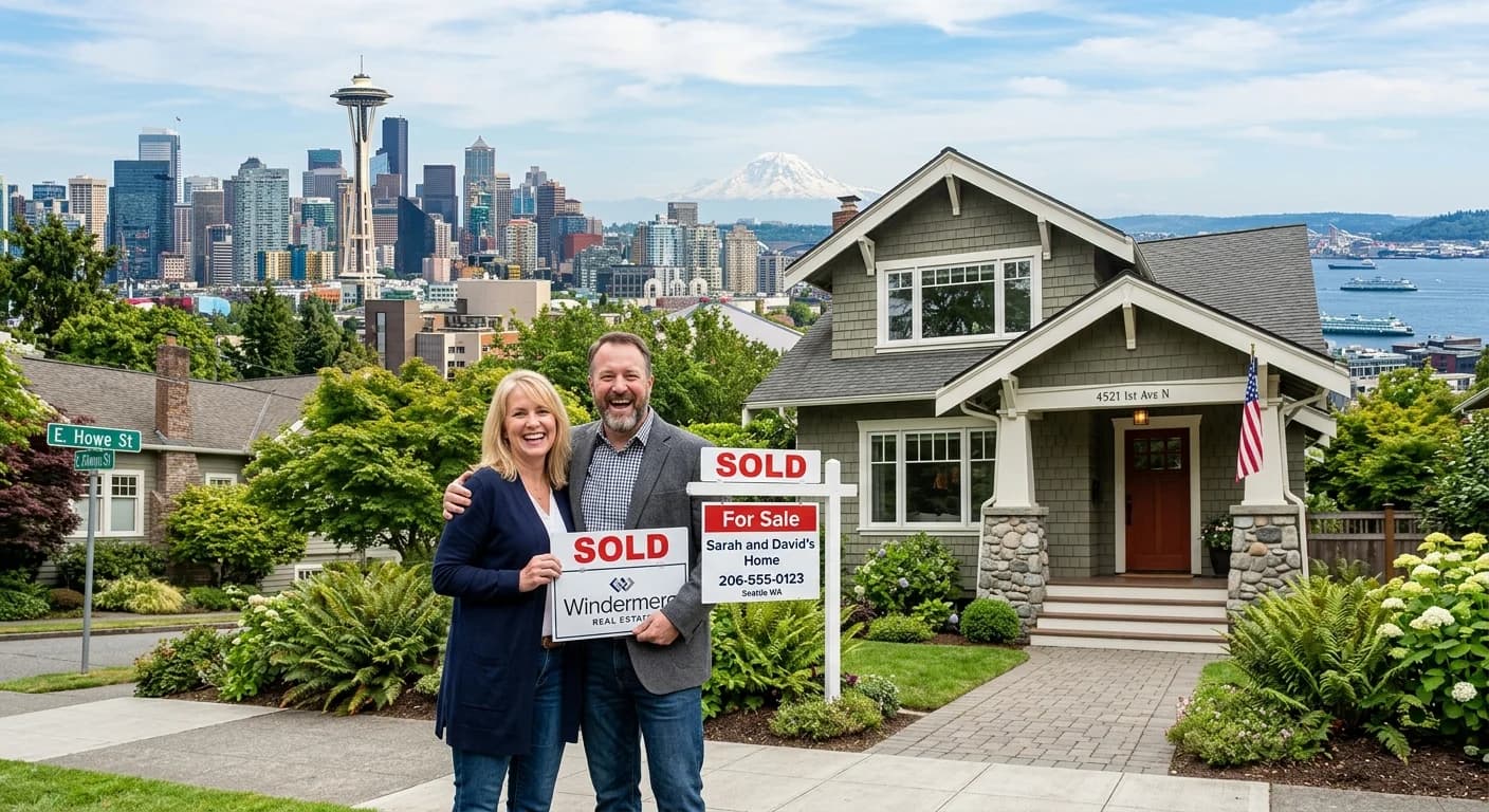 A modern Seattle home with a 'For Sale' sign, illustrating how to sell a house fast in the city.