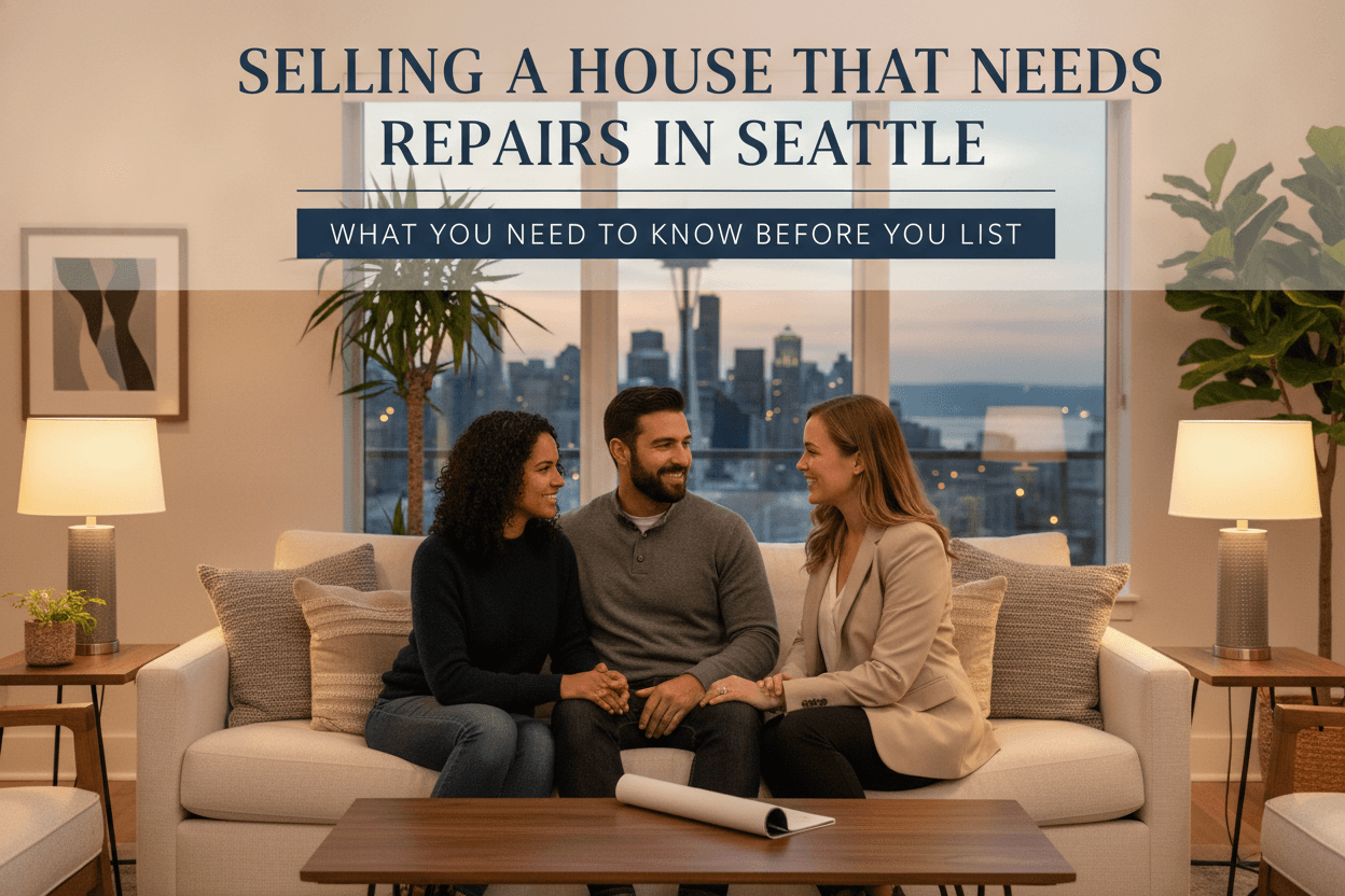 Seattle home with deferred maintenance listed for sale with a strategic pricing sign in front