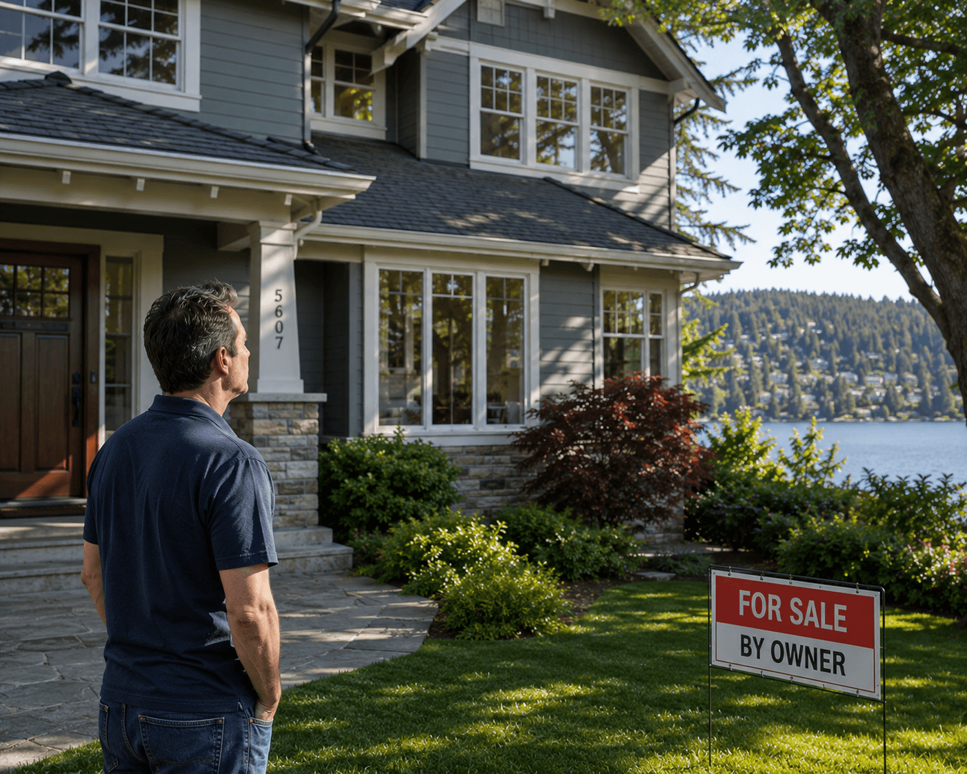 Man standing in front of a lakefront Bellevue home with a For Sale By Owner sign on the lawn