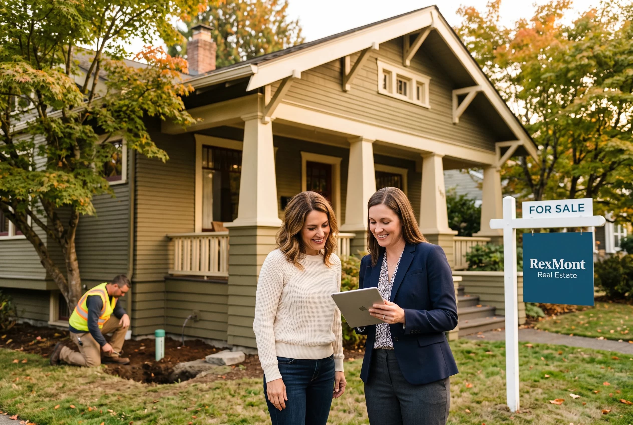 A homeowner and their real estate broker standing in the front yard of a 1920s Seattle Craftsman, looking at a tablet together while a contractor works near a small excavation at the side of the house, golden hour