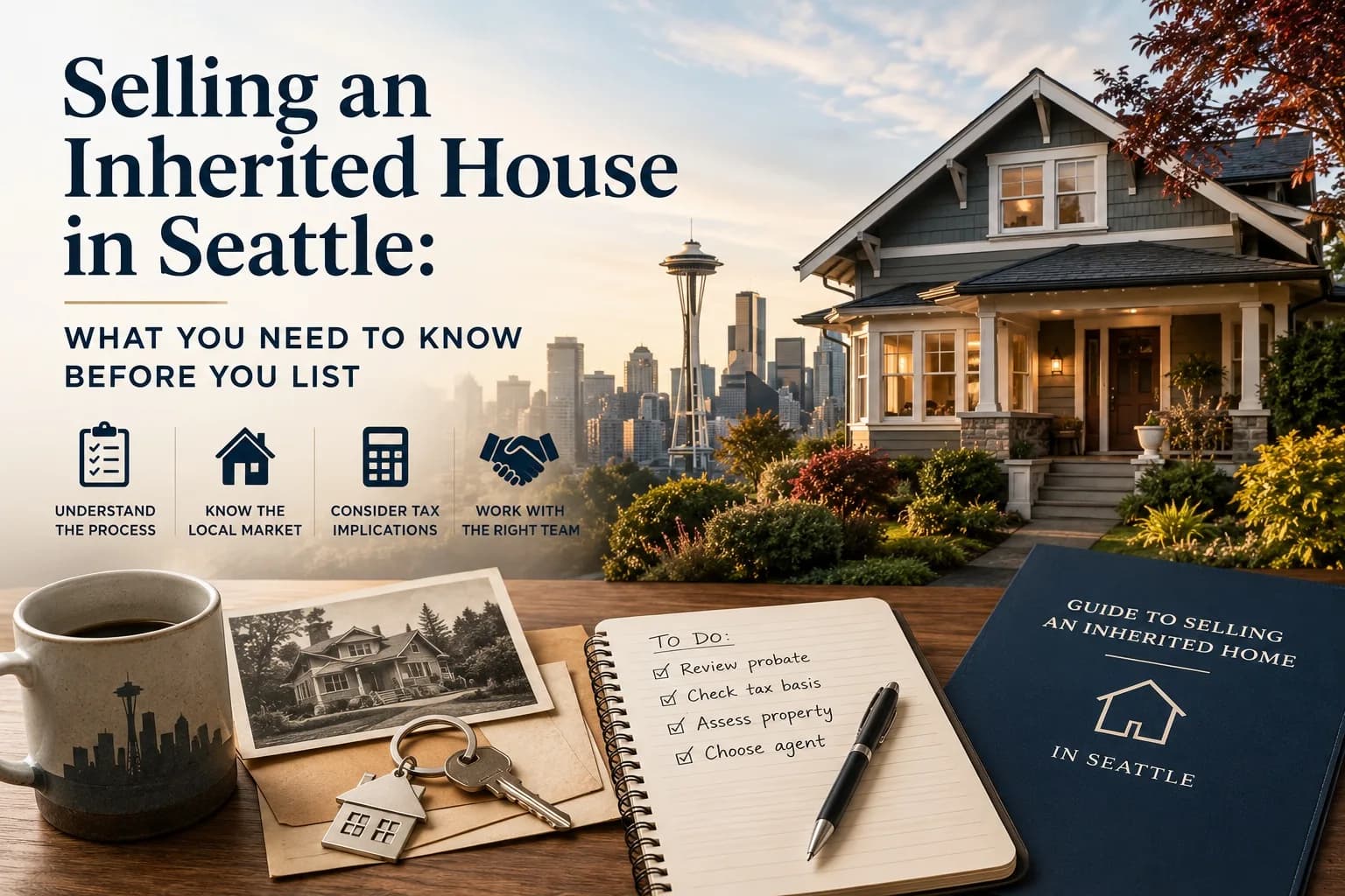 Craftsman house with the Seattle skyline behind it, alongside a guide and checklist for selling an inherited home in Seattle