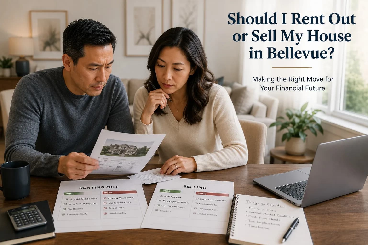 Bellevue couple at their dining table comparing pros-and-cons sheets for renting out versus selling their house