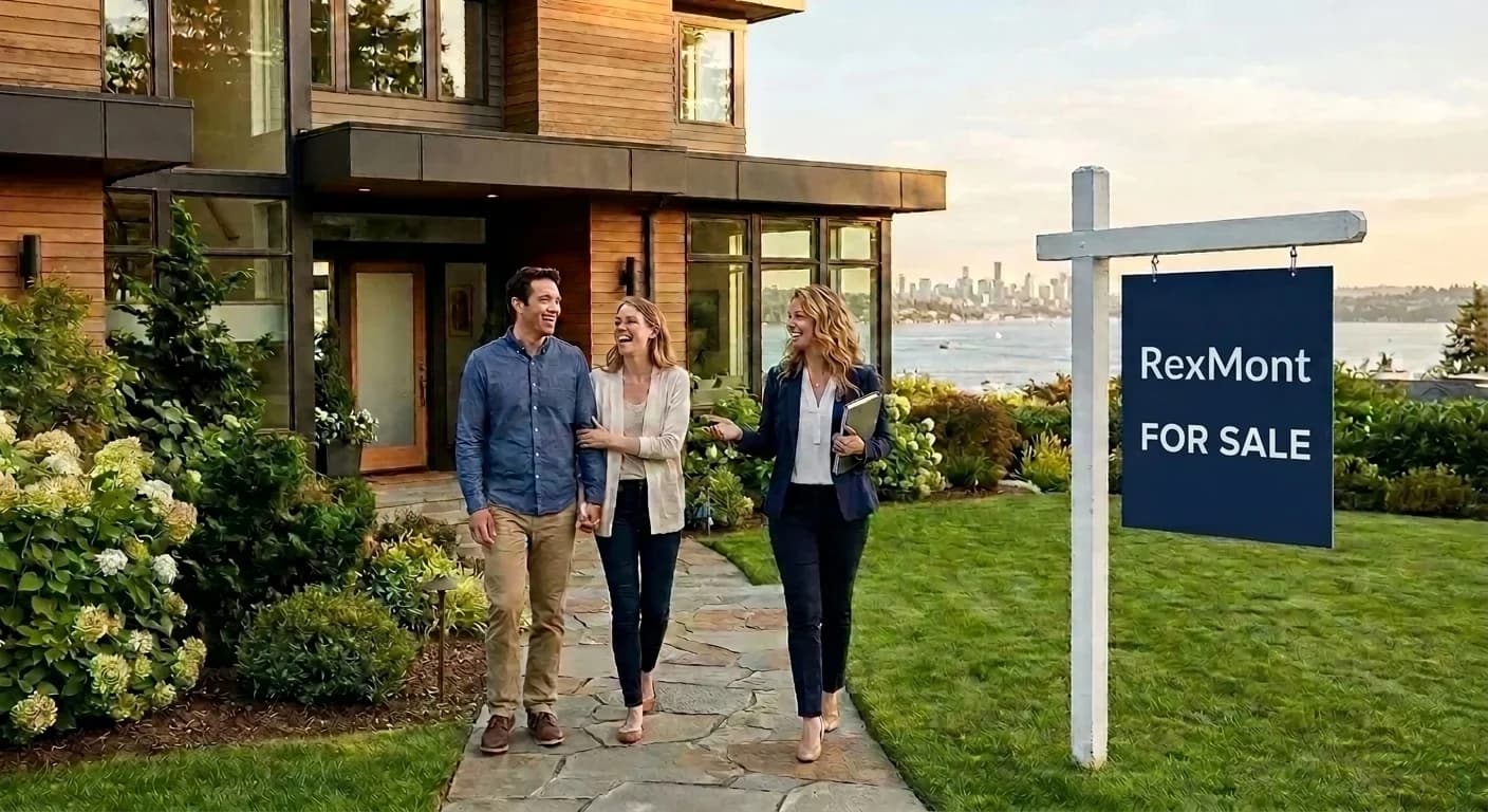 A stunning panoramic view of Lake Washington and the Seattle skyline from a home in the Somerset neighborhood of Bellevue, Washington.