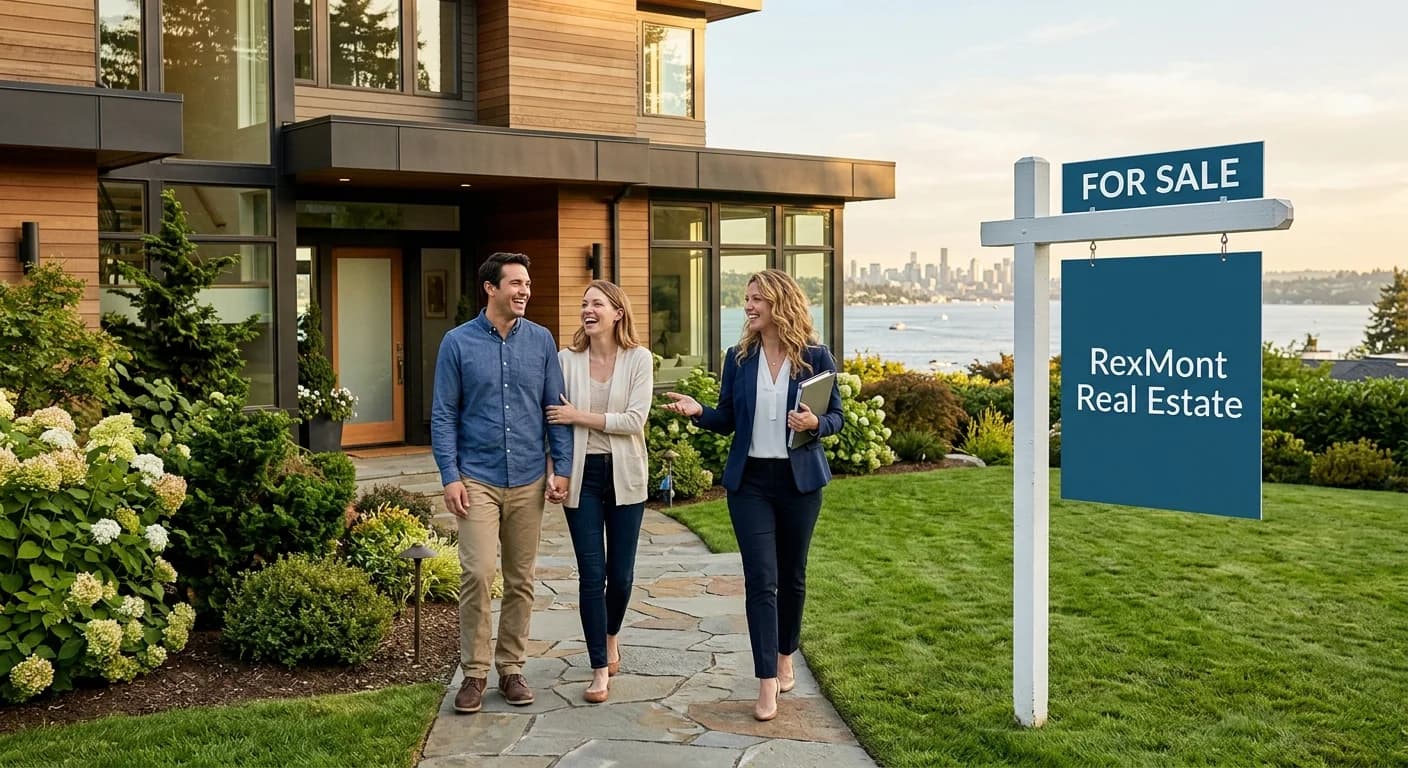 A stunning panoramic view of Lake Washington and the Seattle skyline from a home in the Somerset neighborhood of Bellevue, Washington.