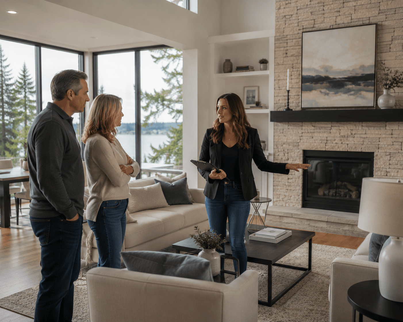 RexMont agent walking sellers through a staged living room with a stone fireplace and lake view